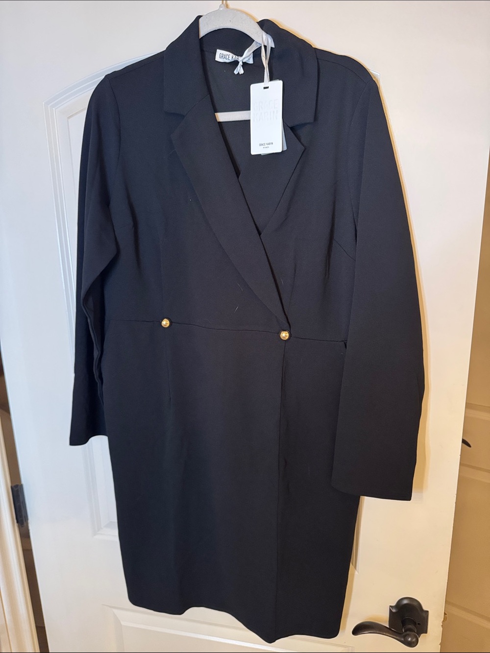 Grace Karin Black Long Blazer Coat with Gold Buttons